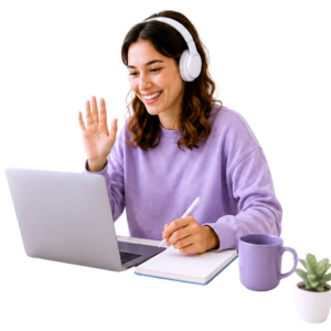 ESL teacher waving during an online English lesson
