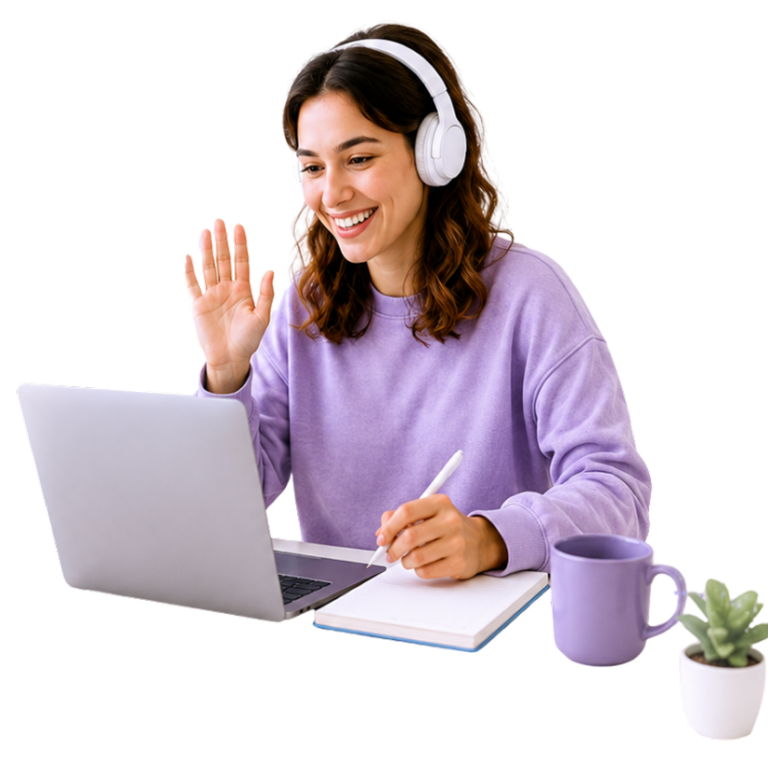 ESL teacher waving during an online English lesson
